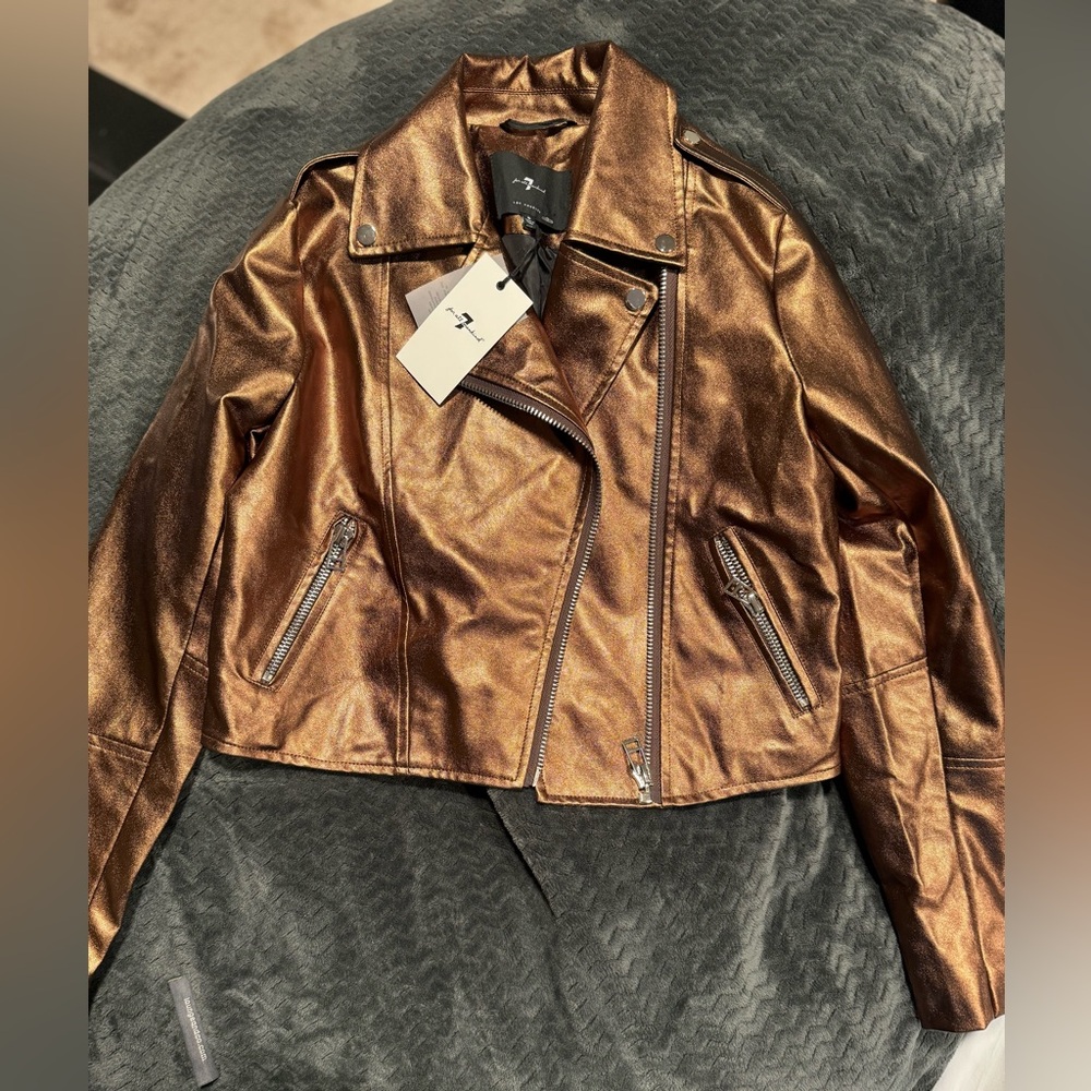 7 For All Mankind Women Copper Faux Leather Moto Jacket Size Small NWT